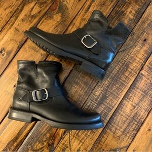 Frye Veronica Black Leather Harness Ankle Boots